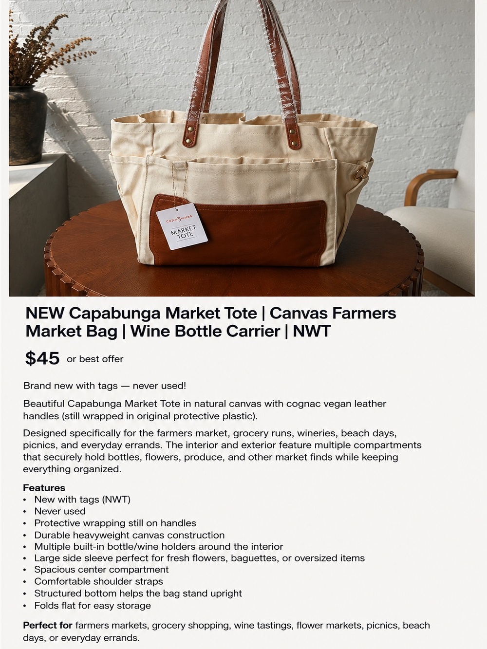 NWT Capabunga Market Tote | Canvas Farmers Market Tote | Wine Bottle Carrier
